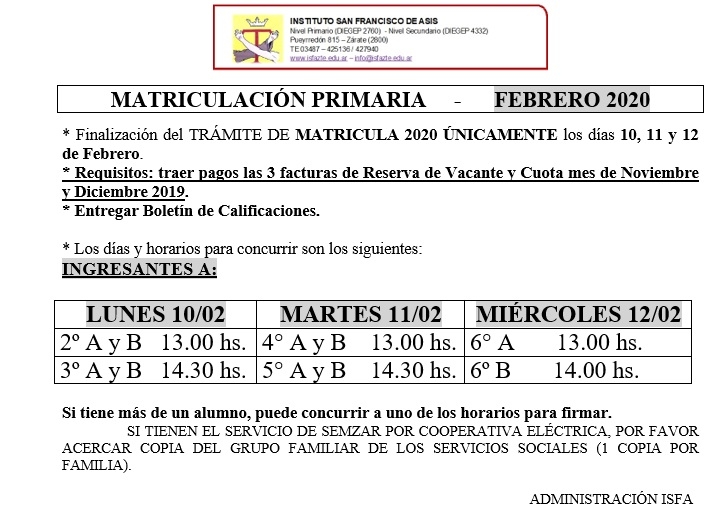 Matriculación Primaria 2020