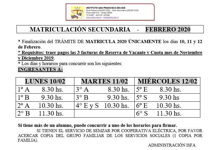 Matriculación Secundaria 2020